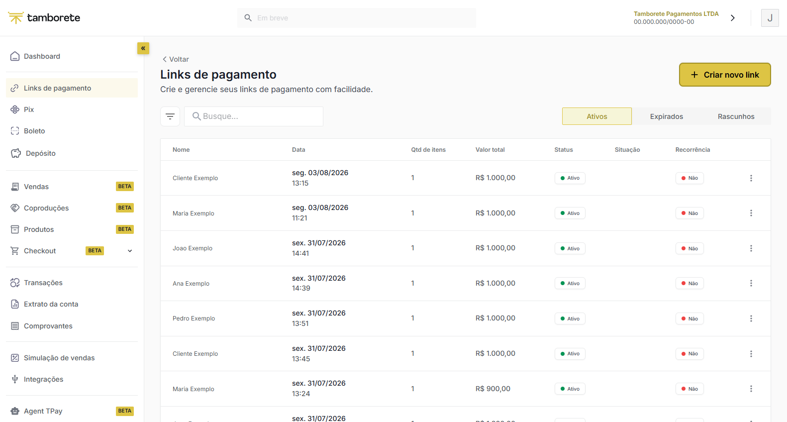 Lista de Links de pagamento com as abas Ativos, Expirados e Rascunhos