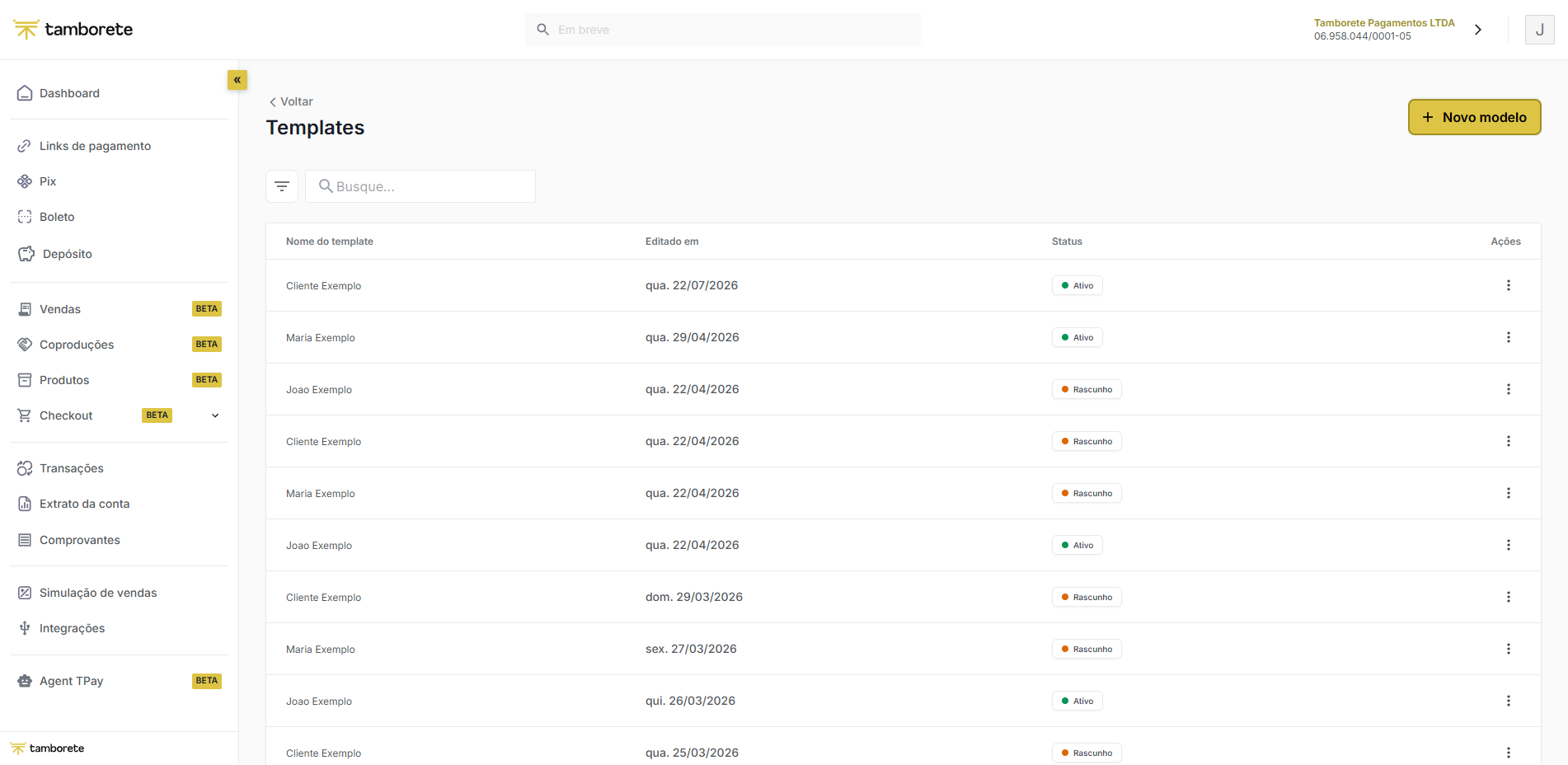 Tela de Templates de checkout