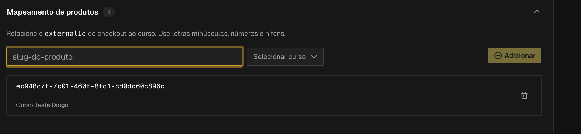 Campo de Mapeamento de produtos mostrando o texto de exemplo slug-do-produto