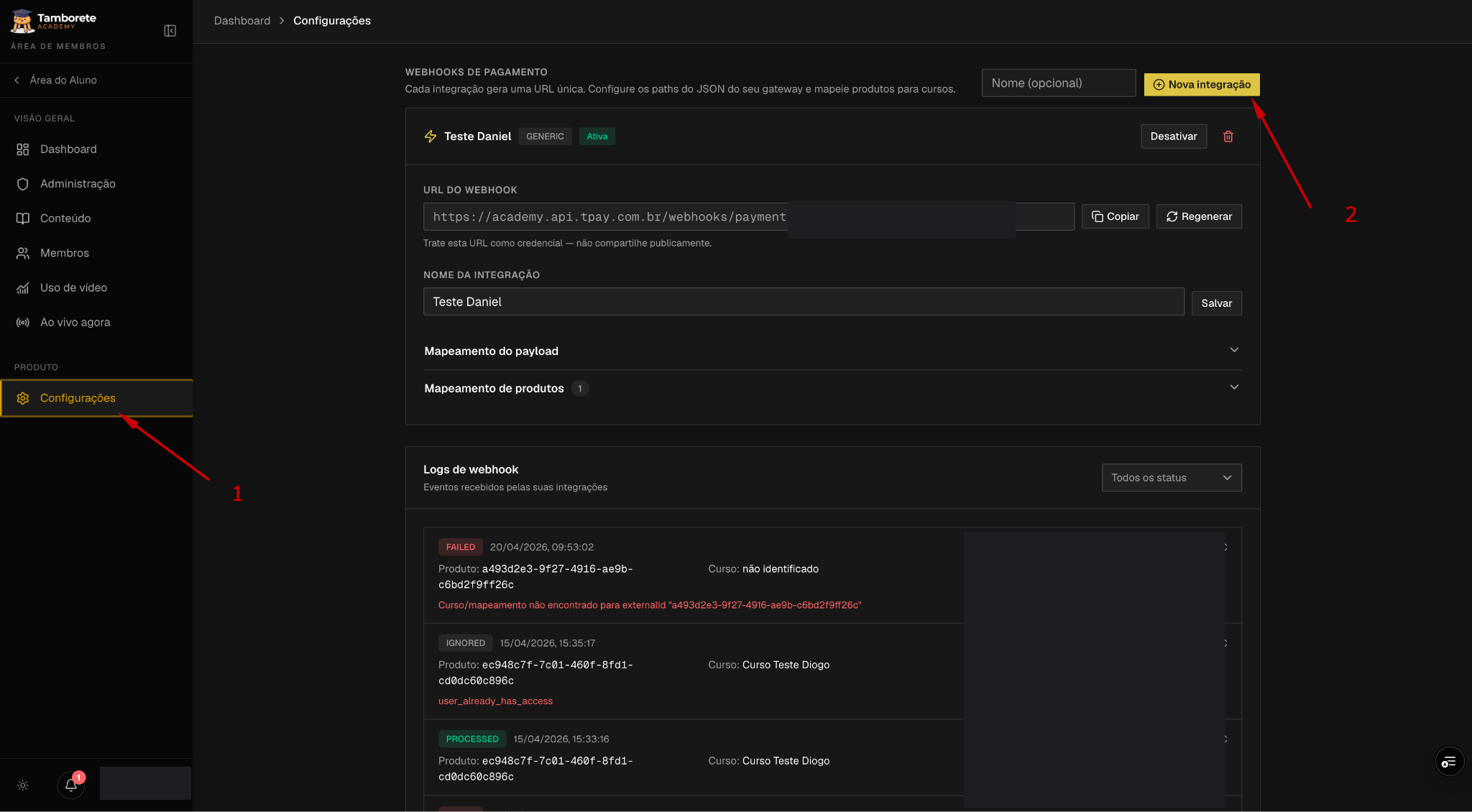 Menu Configurações do Tamborete Academy e o botão Nova integração