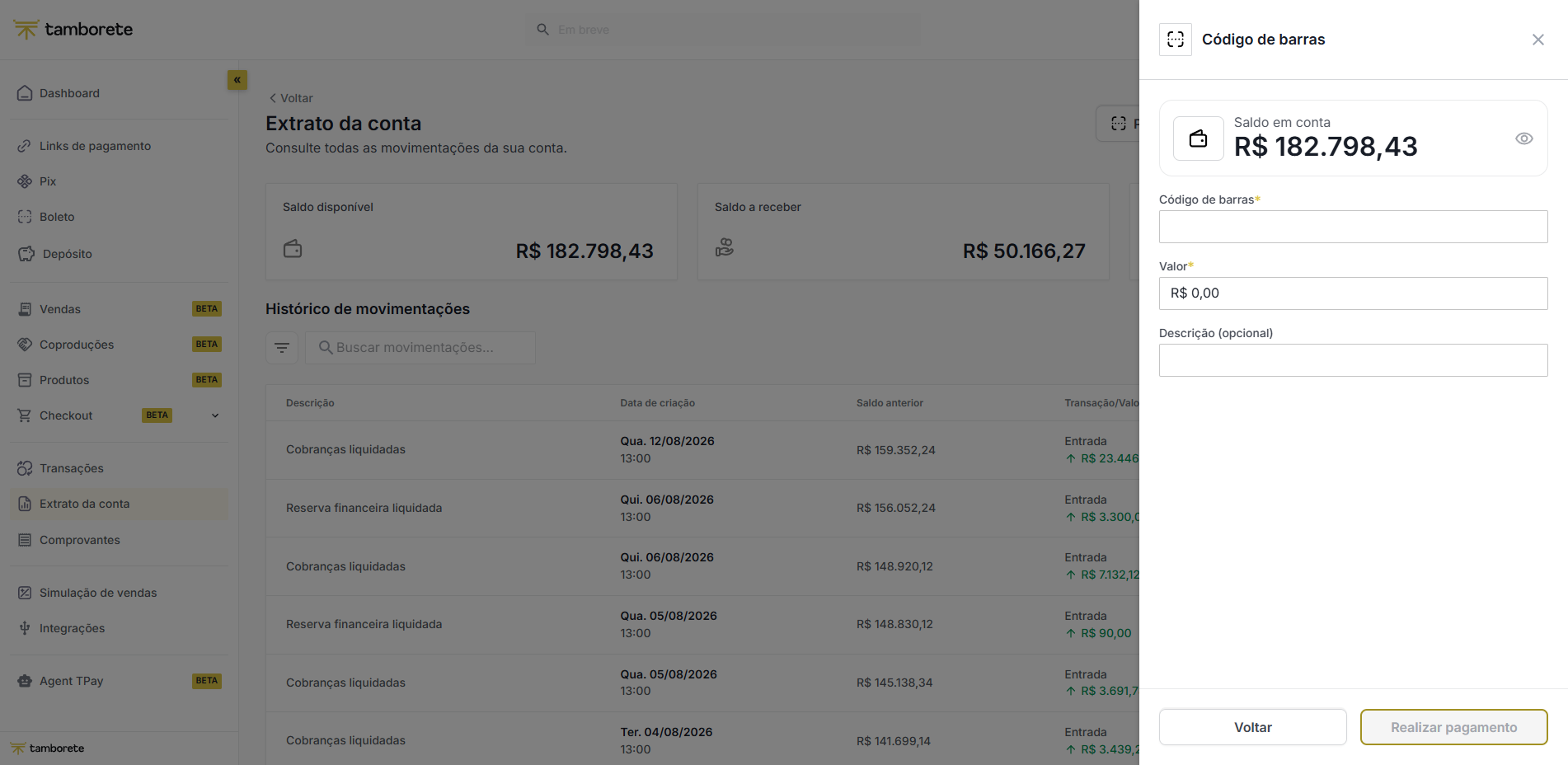 Pagar boleto — código de barras e valor