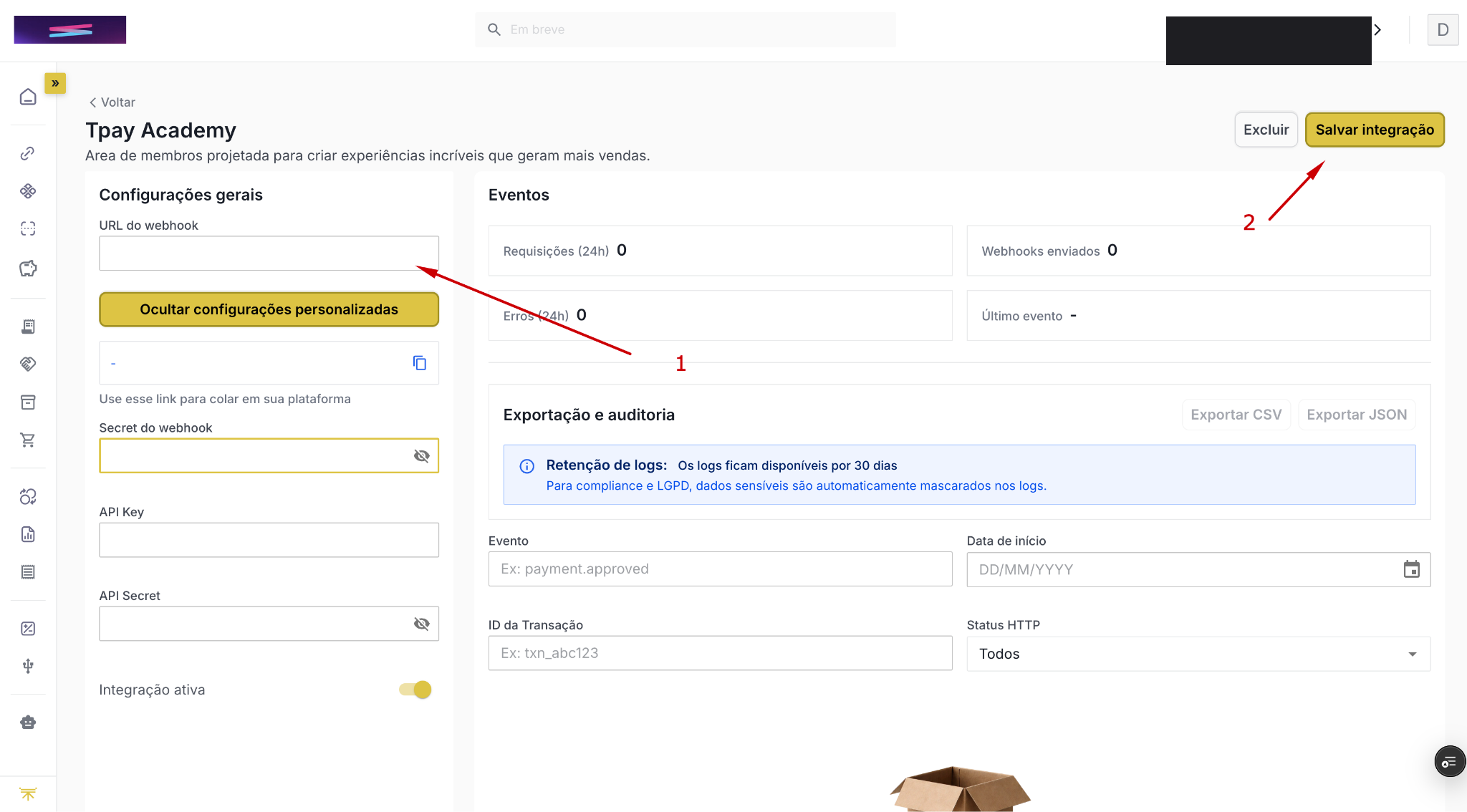 Campo URL do webhook preenchido e o botão Salvar integração