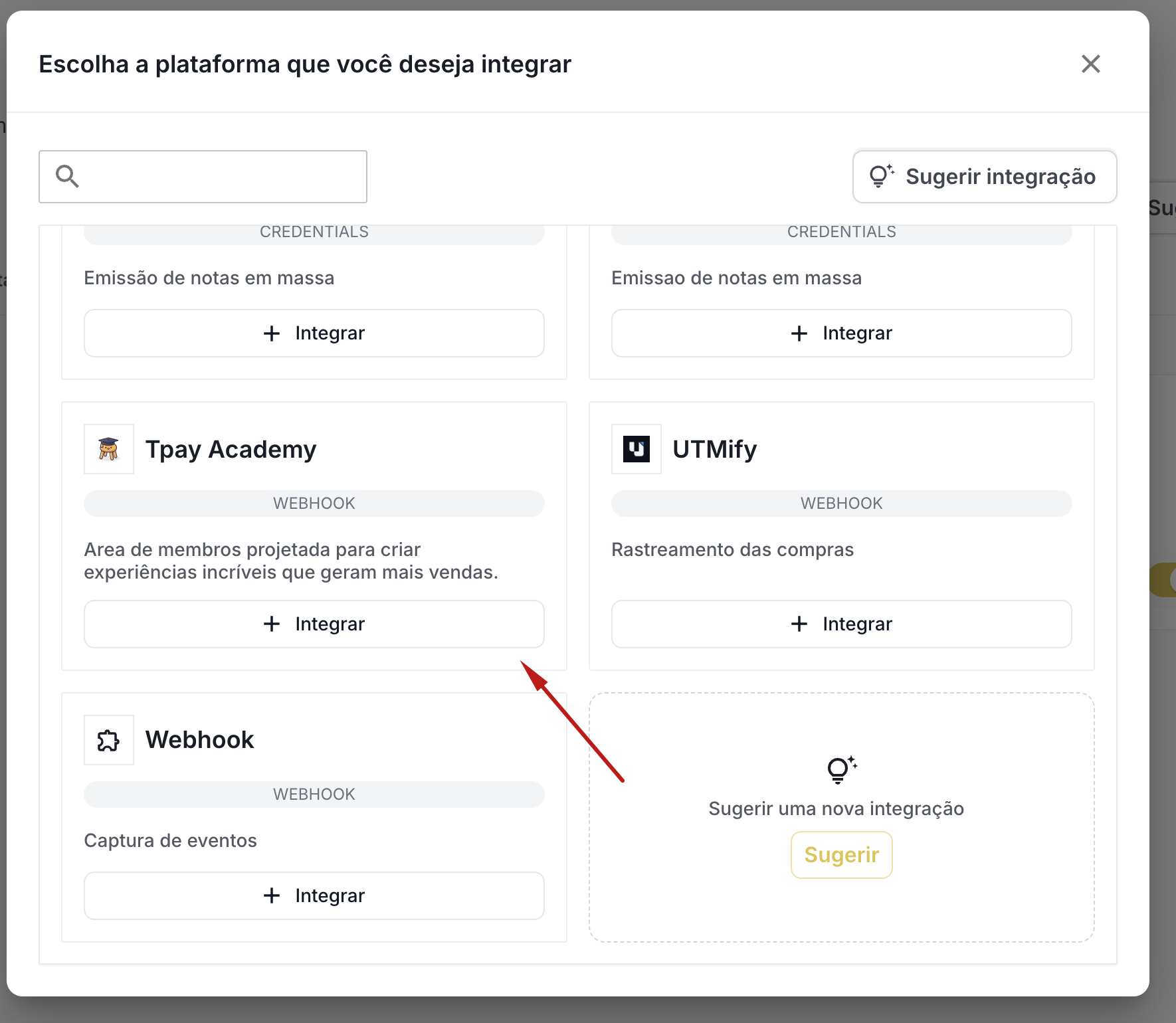 Modal de escolha da plataforma com a opção Tpay Academy