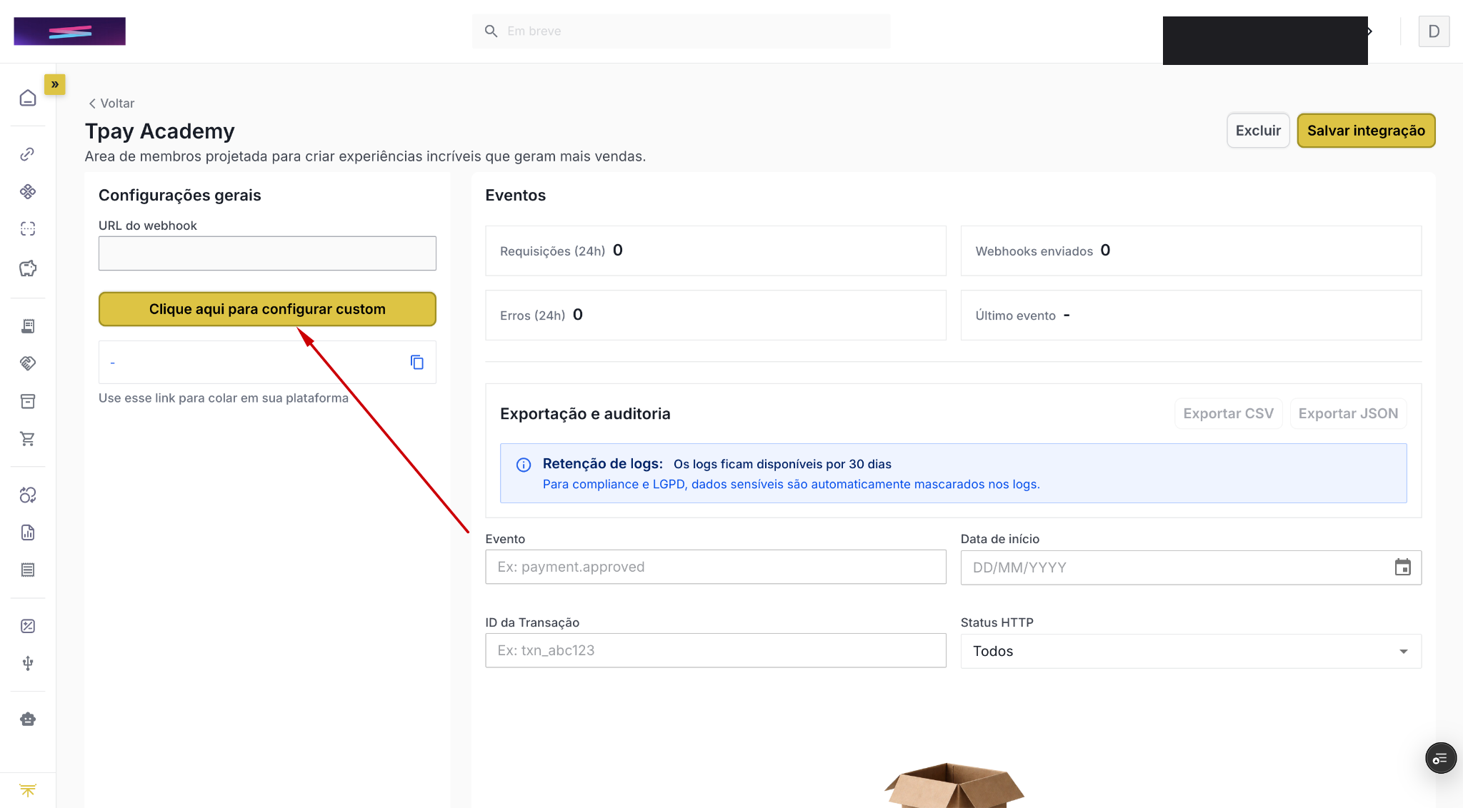 Tela da integração Tpay Academy com o botão Clique aqui para configurar custom