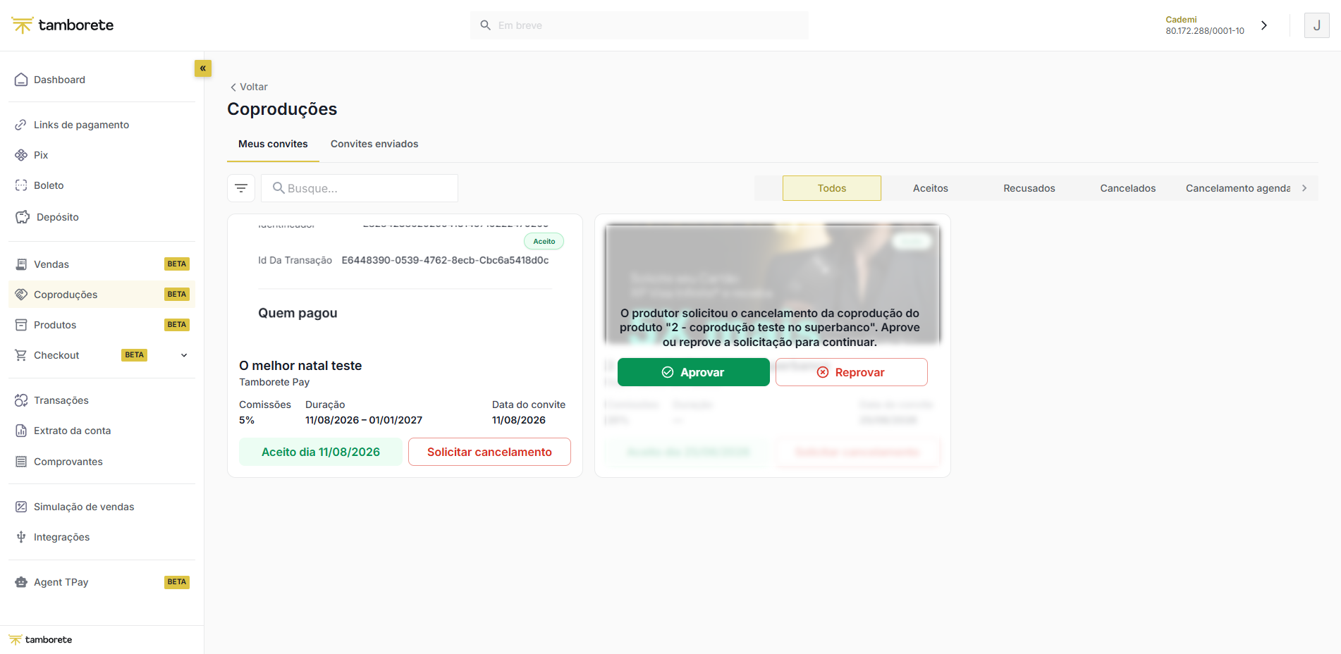 Tela de Coproduções — convites, comissão e status
