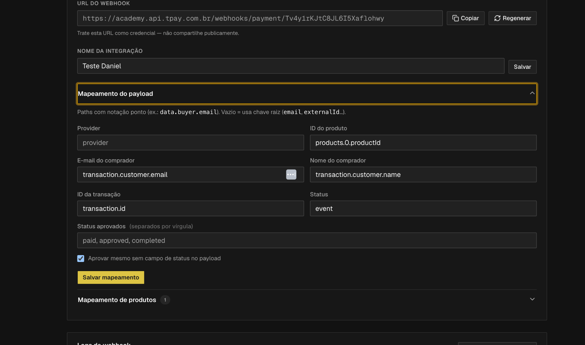 Seção Mapeamento do payload preenchida com os caminhos do gateway