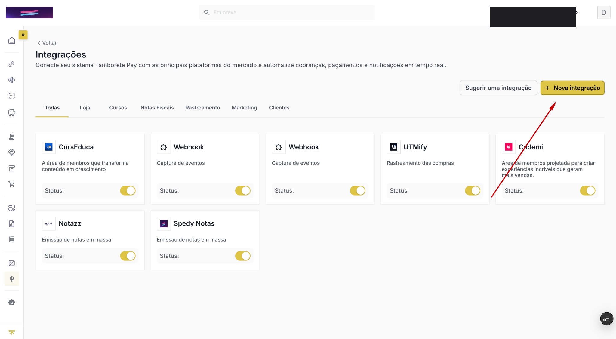 Tela Integrações do gateway com o botão Nova integração