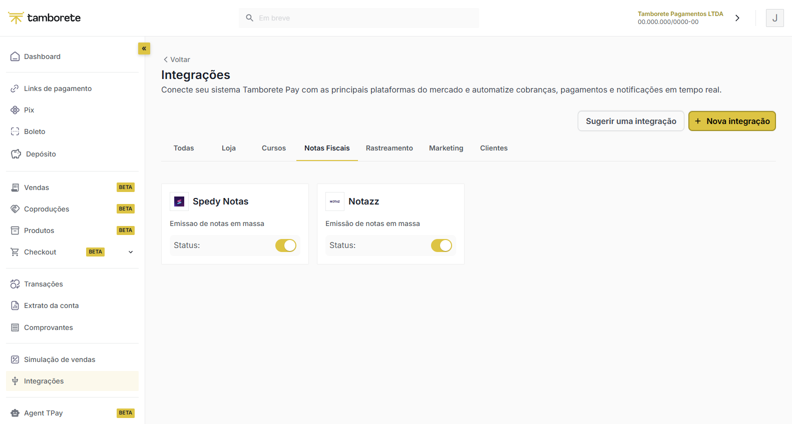 Integrações, aba Notas Fiscais, com os emissores Spedy Notas e Notazz e o interruptor de Status
