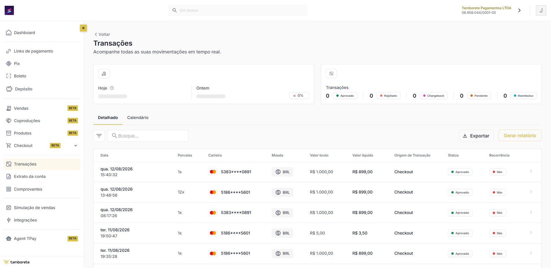 Transações — status Aprovado, Rejeitado, Chargeback, Pendente e Reembolso