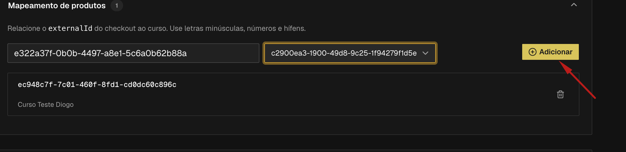 ID do produto colado no Mapeamento de produtos, curso selecionado e botão Adicionar