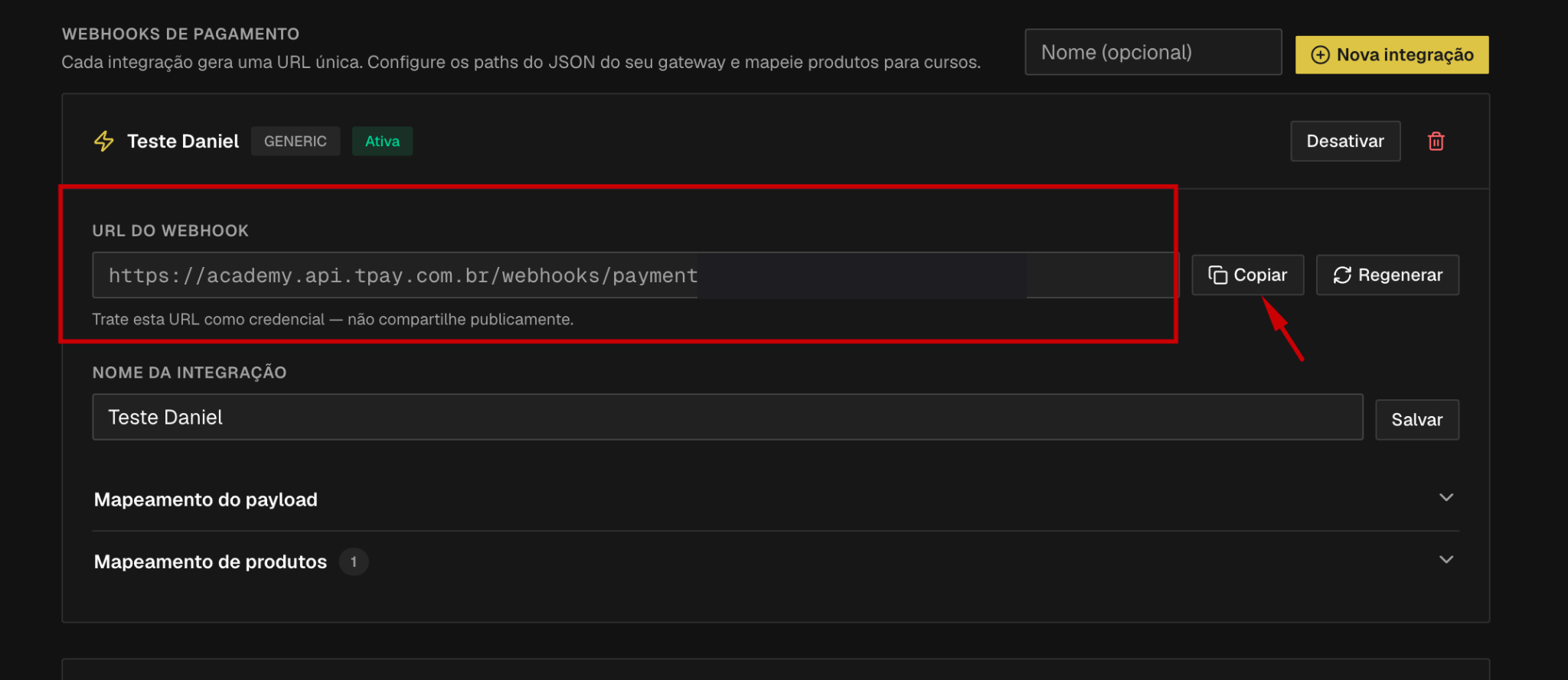 Campo URL do webhook com o botão Copiar ao lado